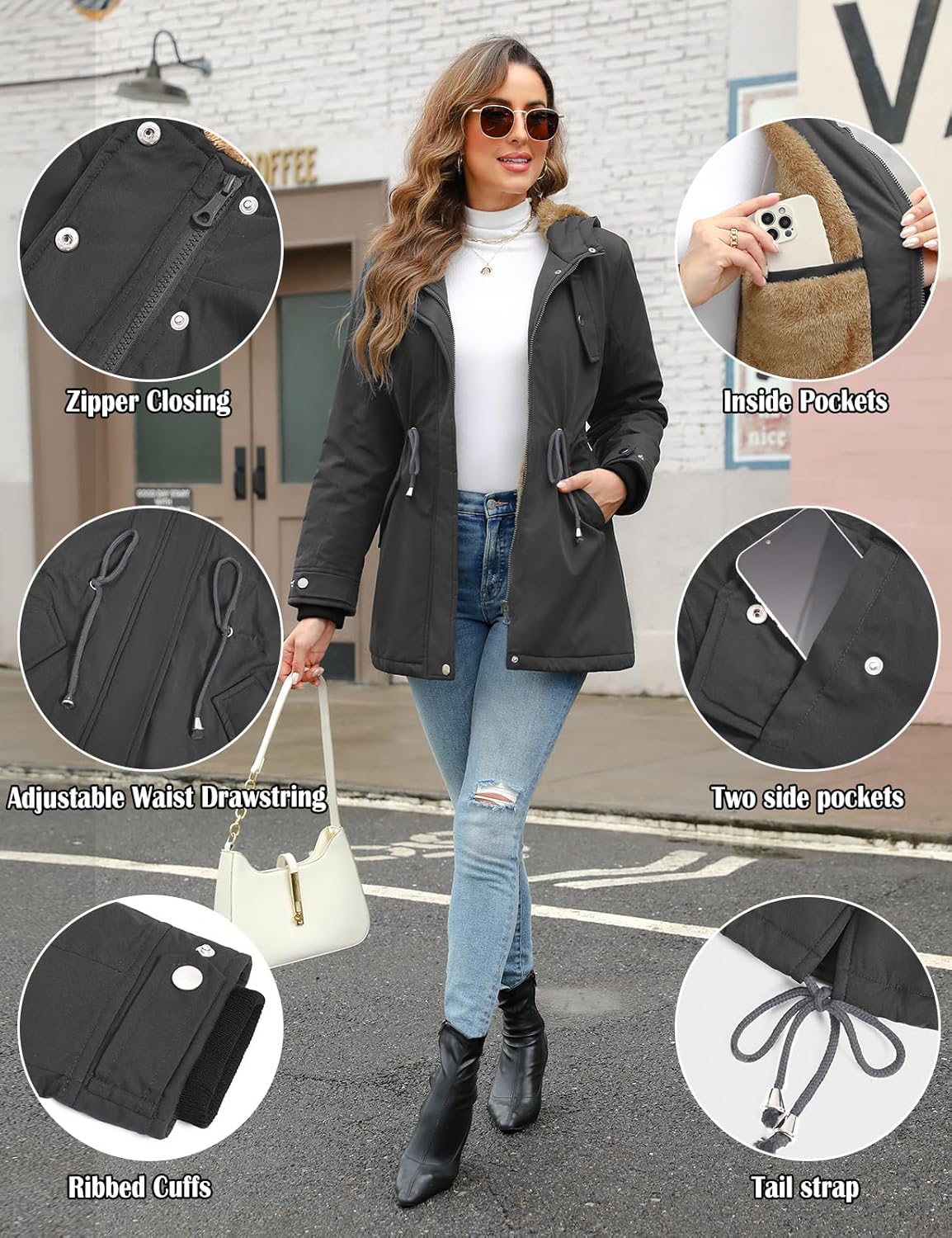 CMTOP Women Winter Jackets UK Thick Fleece Lined Ladies Coats Warm Fuzzy Waterproof Coat Padded Windproof Ladies Coats Thermal Outdoor Parka Jacket Hooded Outwear with Pockets