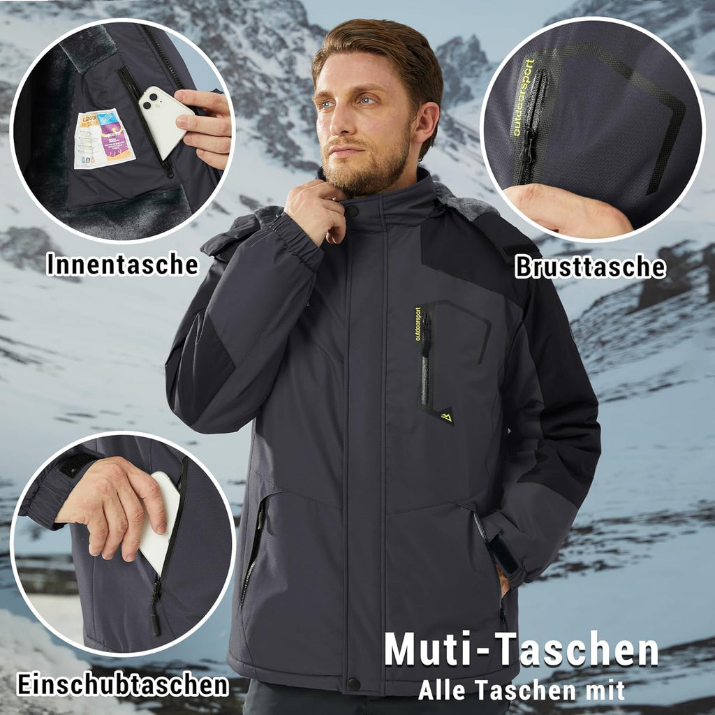 KEFITEVD Men's Ski Jacket, Breathable Warm Lined Winter Jacket with Removable Hood, Snowboard Jacket, Waterproof Outdoor Jacket