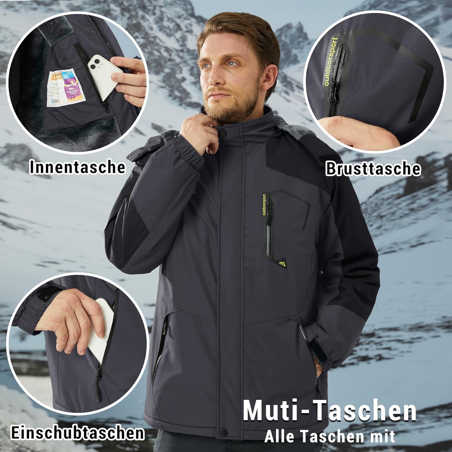KEFITEVD Men's Ski Jacket, Breathable Warm Lined Winter Jacket with Removable Hood, Snowboard Jacket, Waterproof Outdoor Jacket