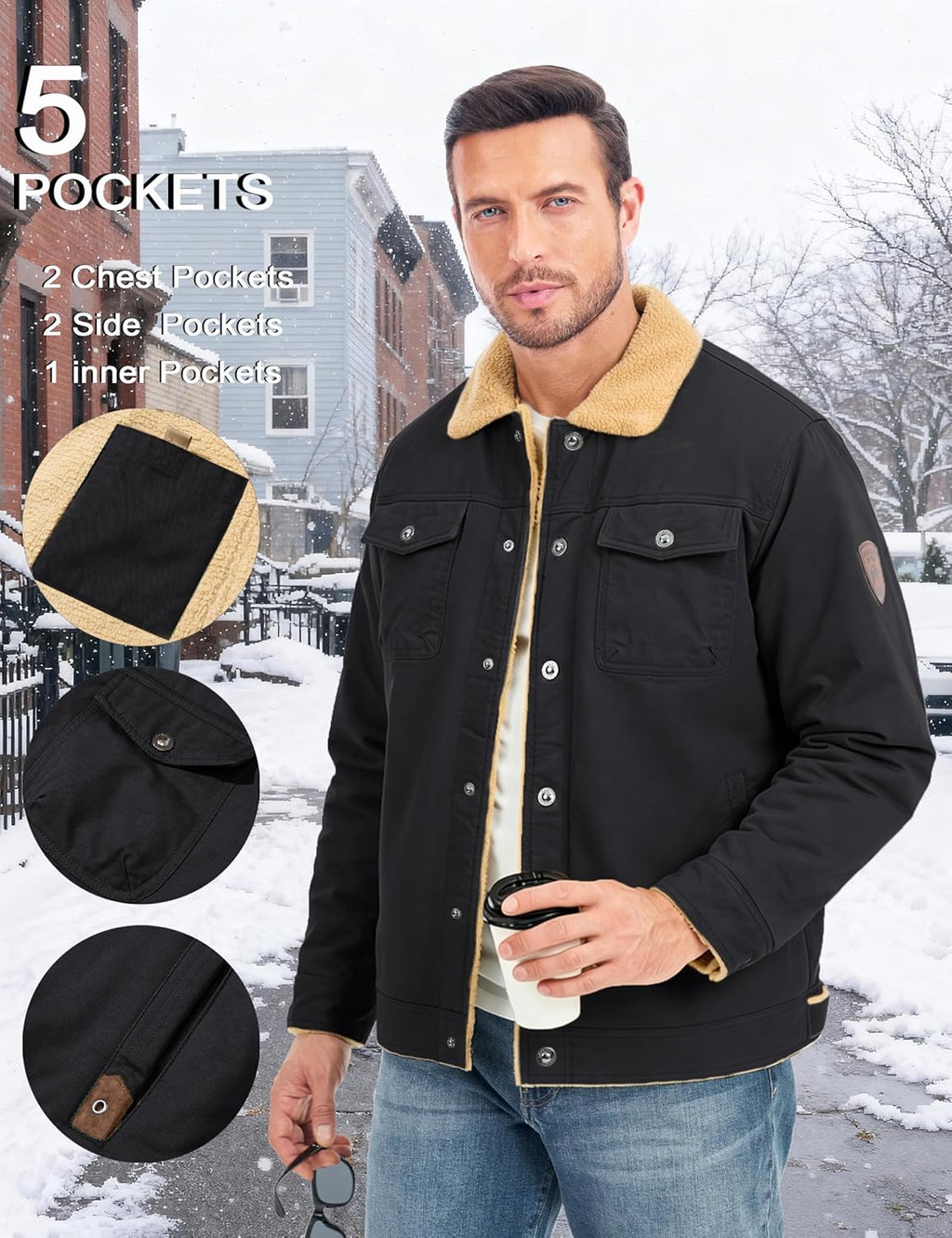 MAGCOMSEN Men's Winter Jacket Military Style Trucker Jacket Cargo Fabric Warm Fleece Lined Coat Windbreaker Sherpa Thermal Collar Combat Jacket