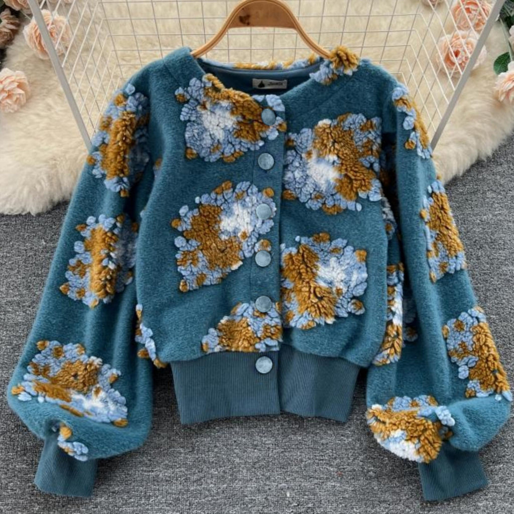 OPCAKM Women's Cropped Floral Print Shacket Jackets Round Neck Long Sleeve Bomber Coat Outerwears