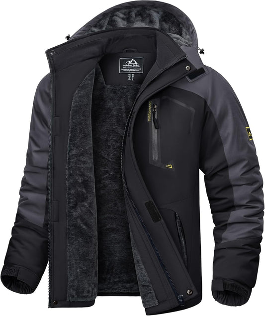 KEFITEVD Men's Ski Jacket, Breathable Warm Lined Winter Jacket with Removable Hood, Snowboard Jacket, Waterproof Outdoor Jacket
