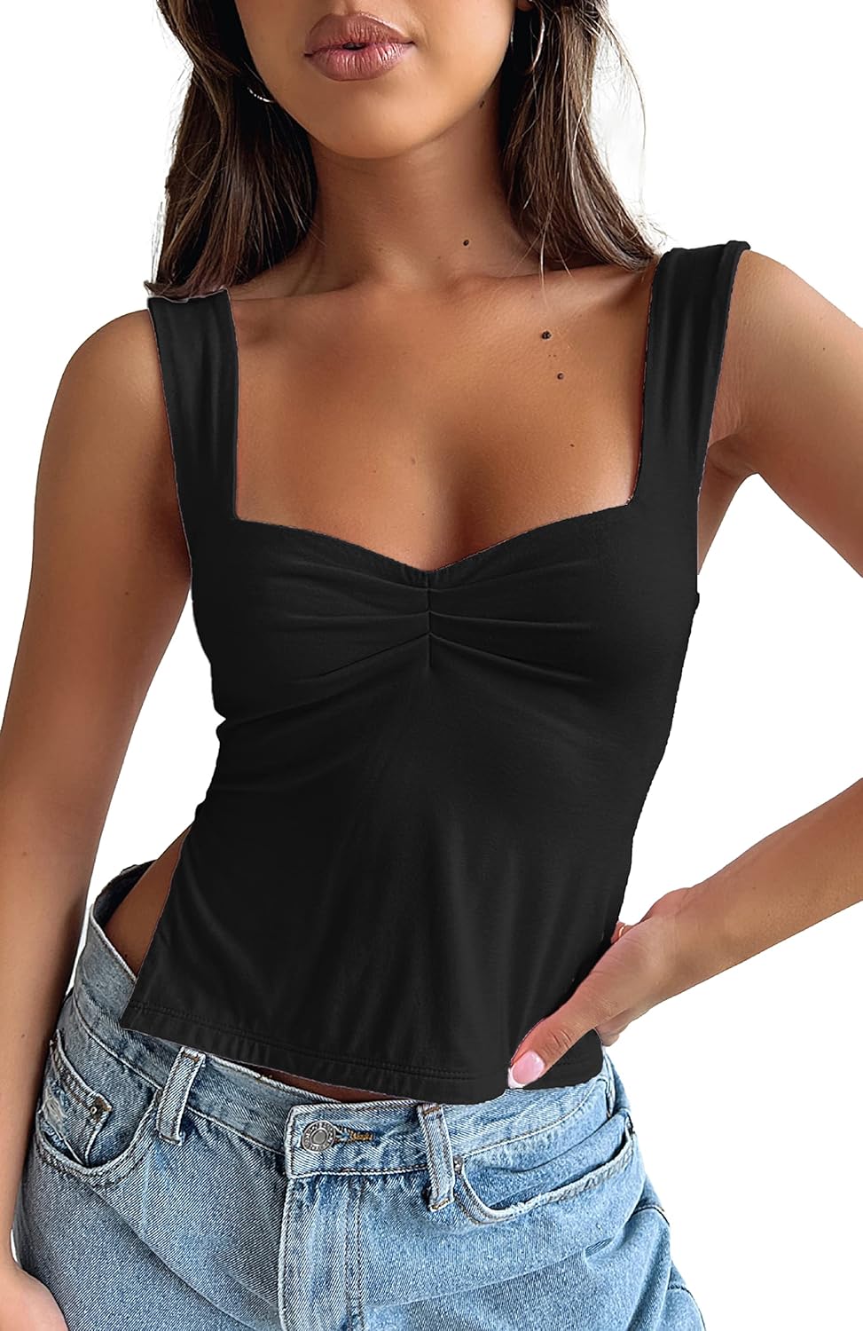 Women's Sleeveless Backless Going Out Crop Tank Top Sexy Pleated Sweetheart Neck Strappy Y2K Slits Cropped Tops