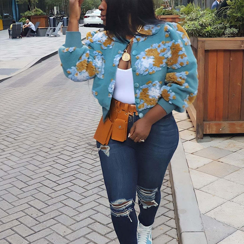 OPCAKM Women's Cropped Floral Print Shacket Jackets Round Neck Long Sleeve Bomber Coat Outerwears