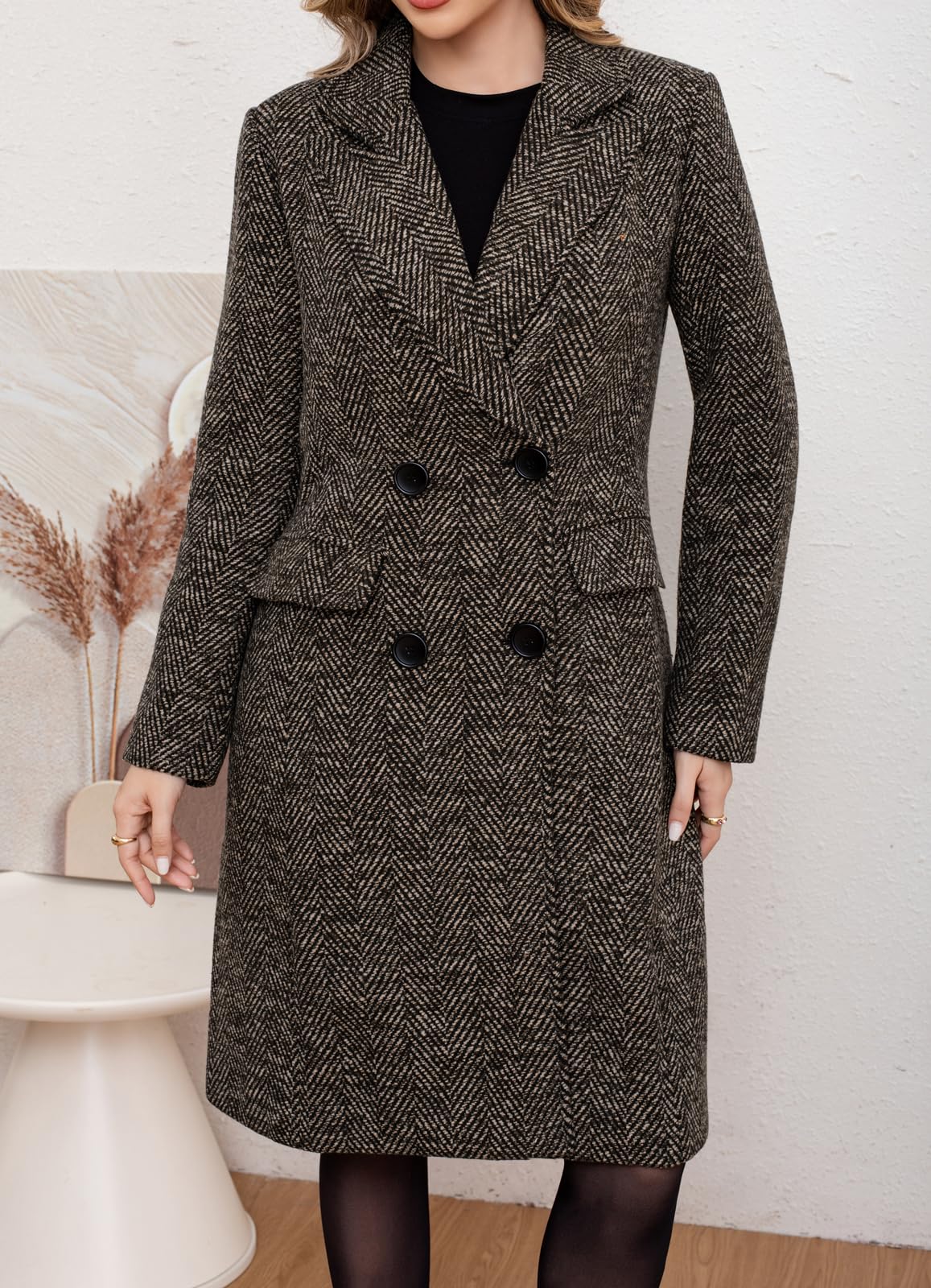 chouyatou Women's Winter Casual Herringbone Wool Coat Double Breasted Notch Collar Dressy Long Trench Coat