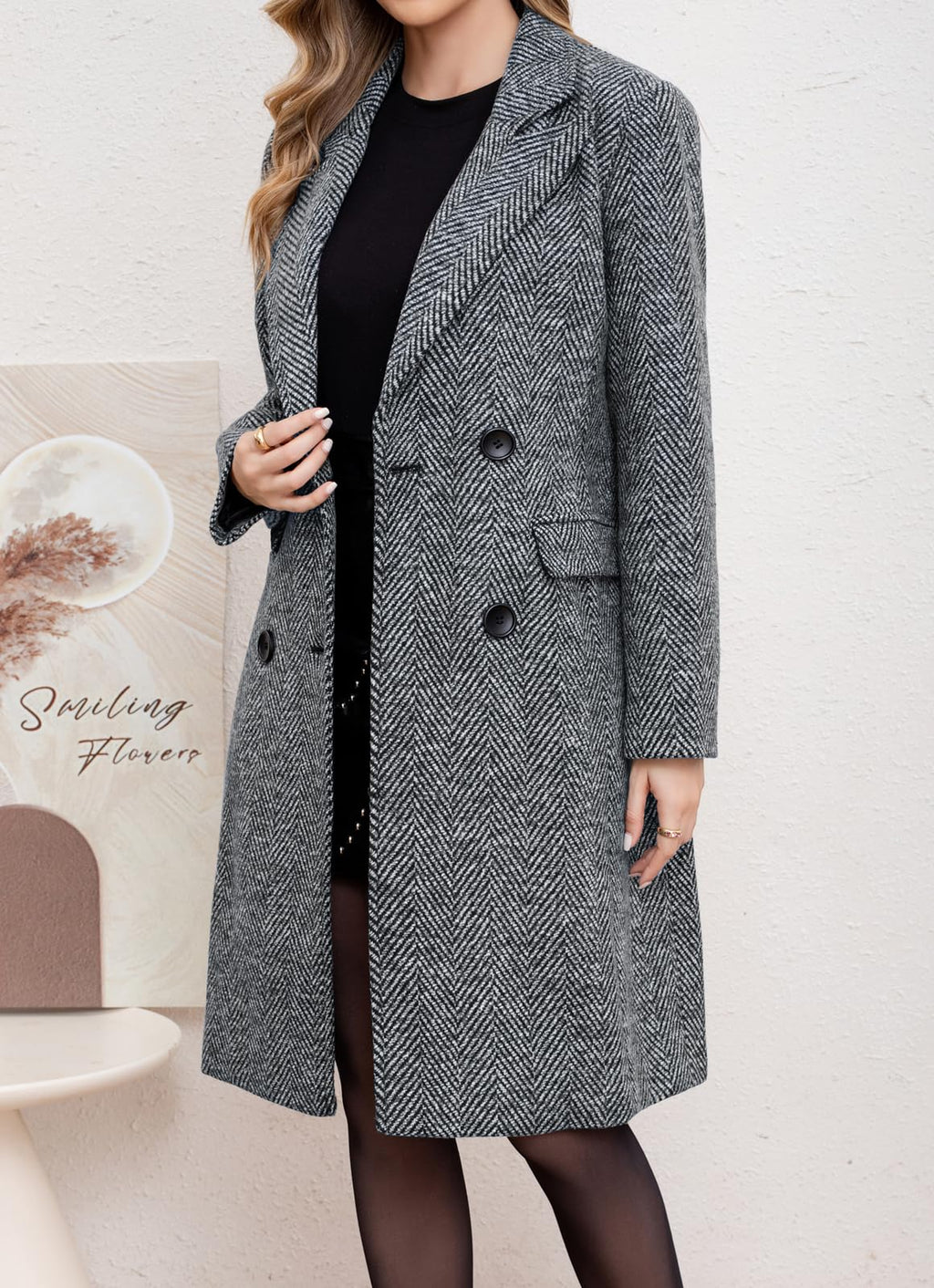 chouyatou Women's Winter Casual Herringbone Wool Coat Double Breasted Notch Collar Dressy Long Trench Coat