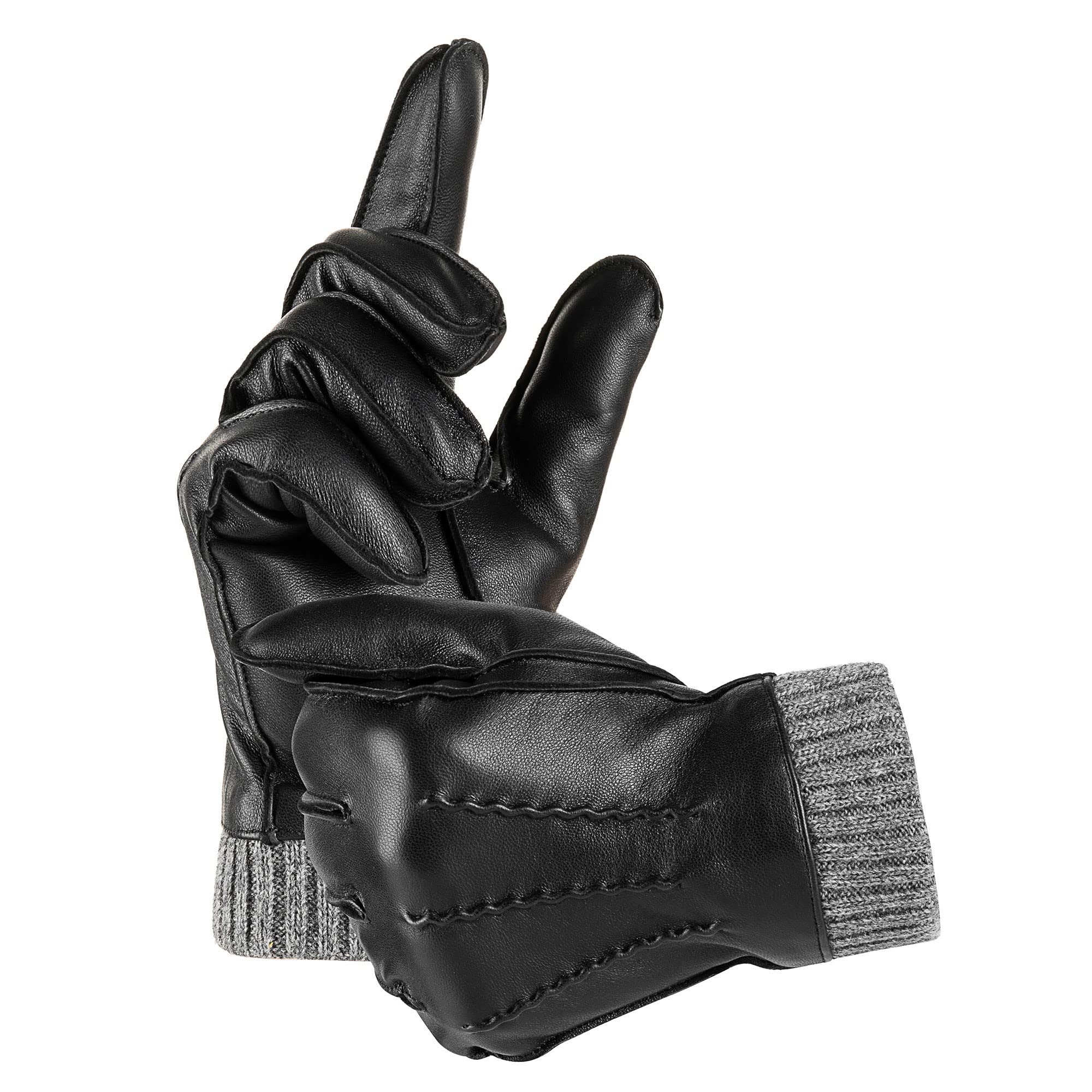 Winter Warm Genuine Leather Gloves, Cashmere Lined Driving Motorcycle Gloves for Men