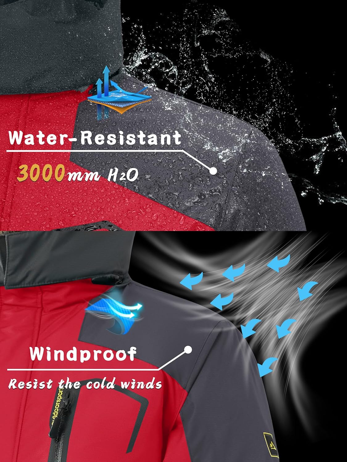 KEFITEVD Men's Ski Jacket, Breathable Warm Lined Winter Jacket with Removable Hood, Snowboard Jacket, Waterproof Outdoor Jacket