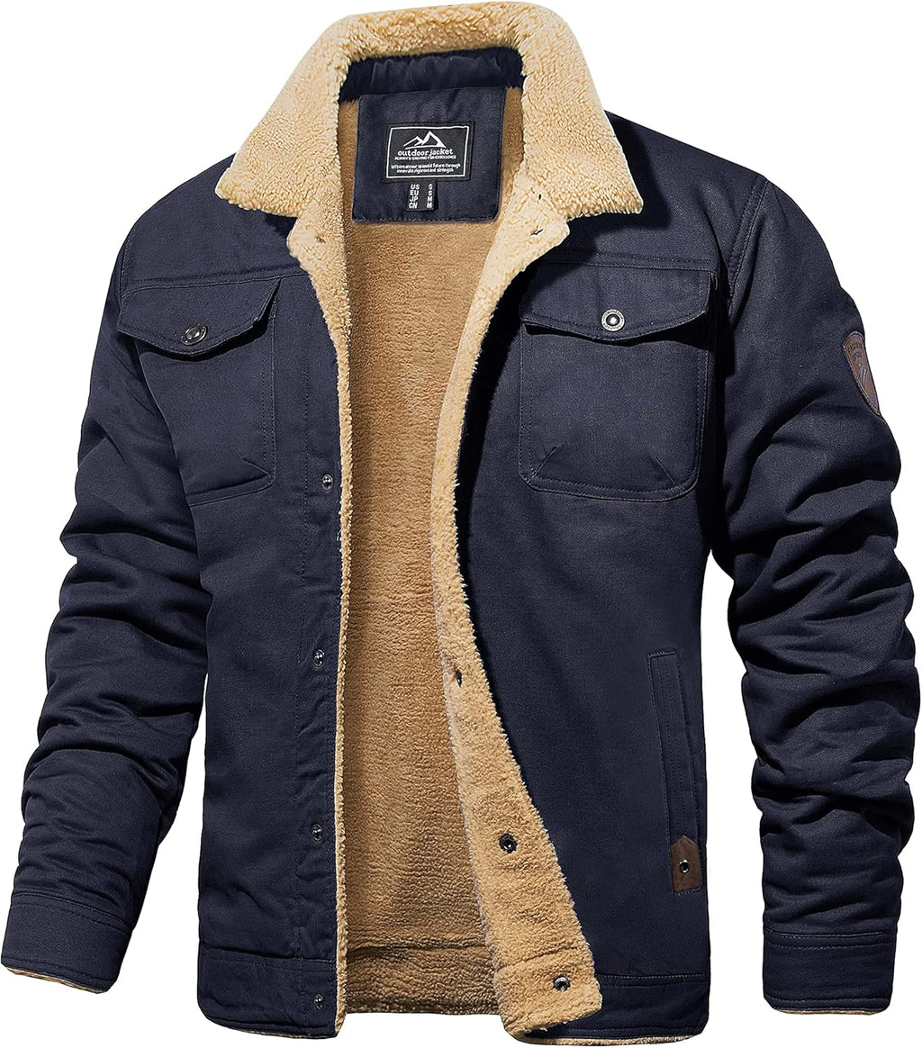 MAGCOMSEN Men's Winter Jacket Military Style Trucker Jacket Cargo Fabric Warm Fleece Lined Coat Windbreaker Sherpa Thermal Collar Combat Jacket