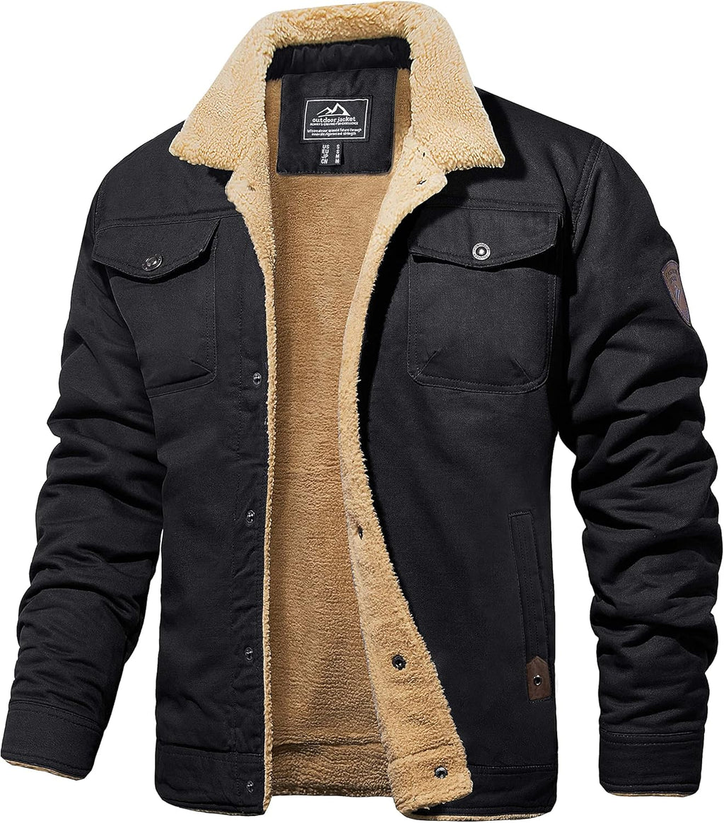 MAGCOMSEN Men's Winter Jacket Military Style Trucker Jacket Cargo Fabric Warm Fleece Lined Coat Windbreaker Sherpa Thermal Collar Combat Jacket