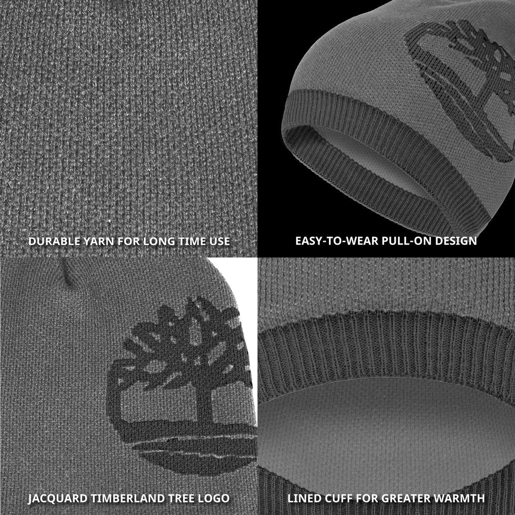 Timberland Men’s Logo Pull-On Beanie - Soft Ribbed Knit Winter Hat, Jacquard Tree Design, Warm Stretch Fit for Cold Weather