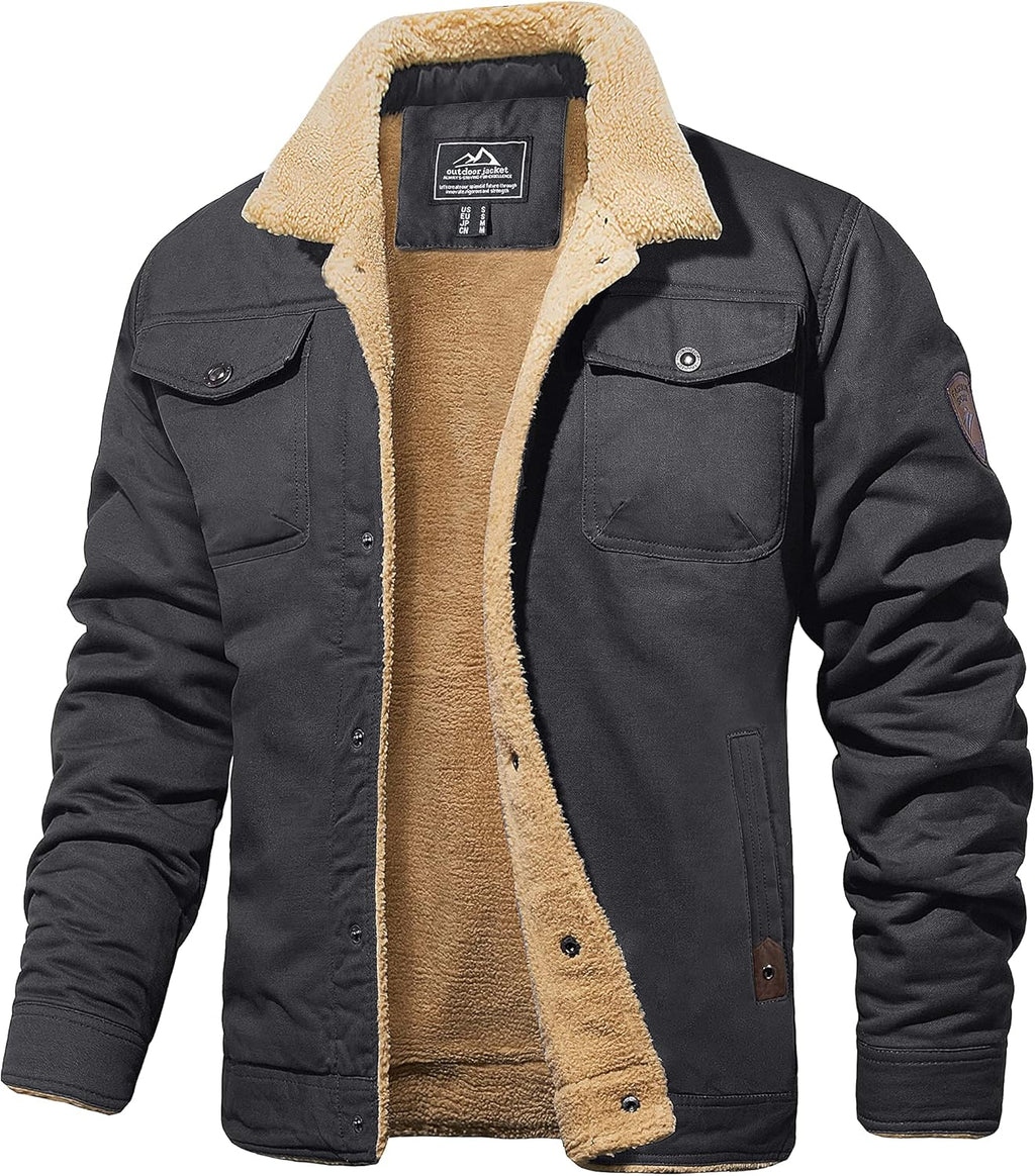 MAGCOMSEN Men's Winter Jacket Military Style Trucker Jacket Cargo Fabric Warm Fleece Lined Coat Windbreaker Sherpa Thermal Collar Combat Jacket