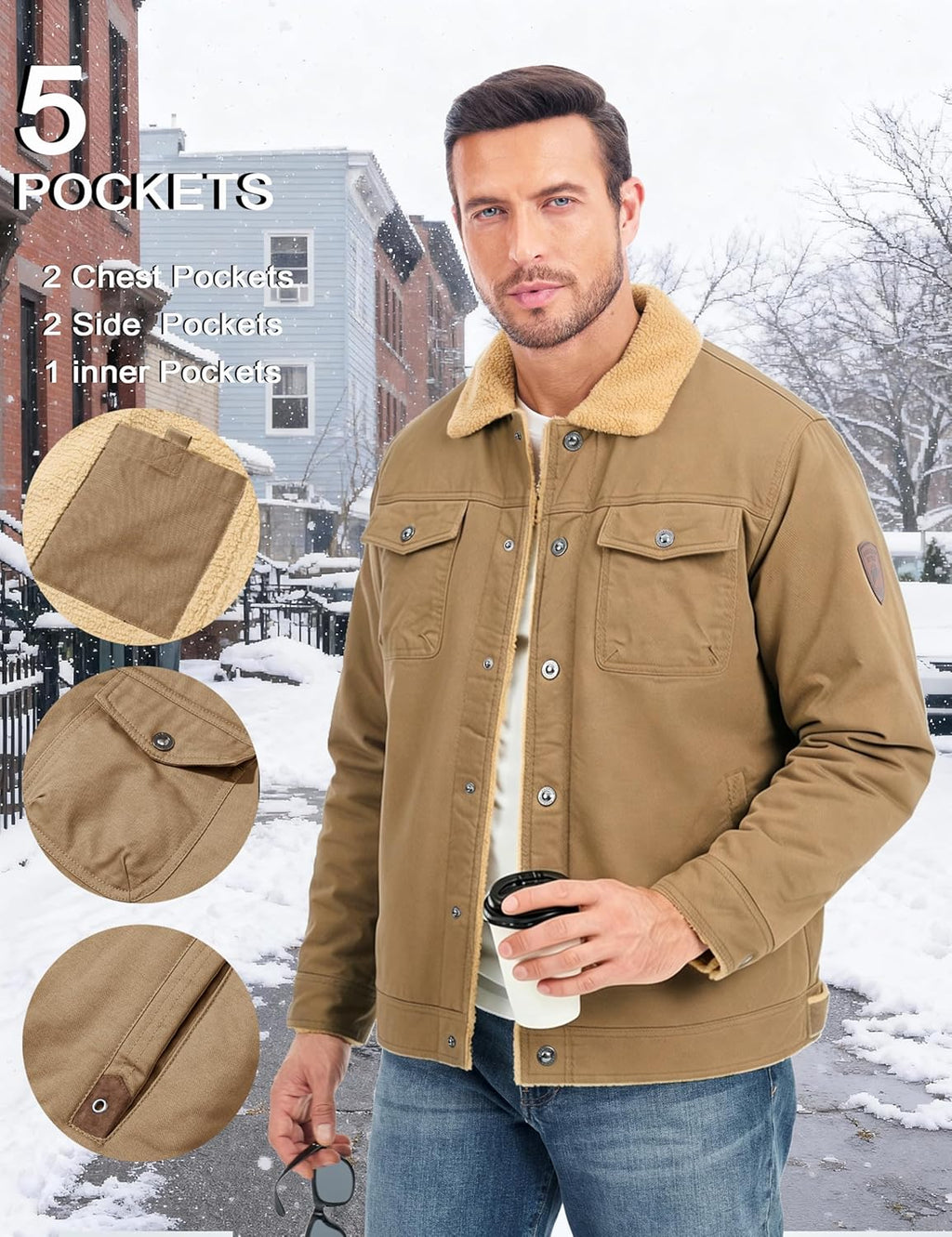 MAGCOMSEN Men's Winter Jacket Military Style Trucker Jacket Cargo Fabric Warm Fleece Lined Coat Windbreaker Sherpa Thermal Collar Combat Jacket