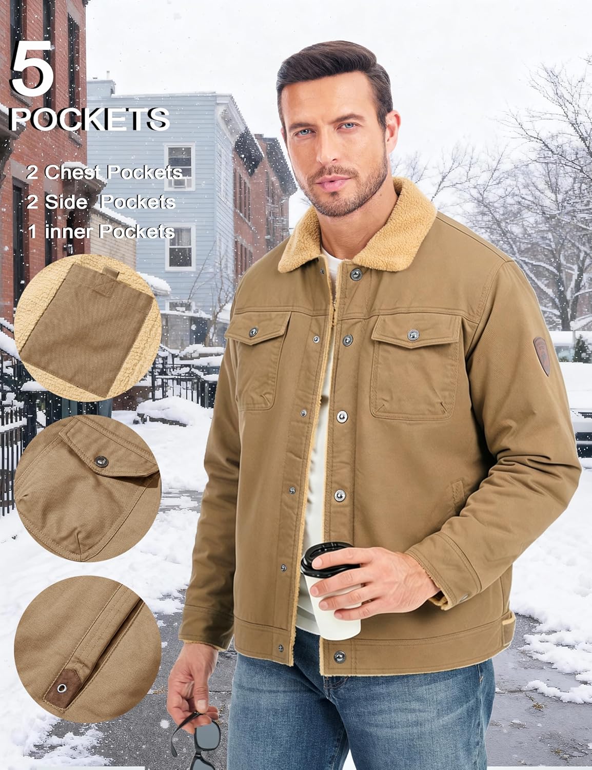 MAGCOMSEN Men's Winter Jacket Military Style Trucker Jacket Cargo Fabric Warm Fleece Lined Coat Windbreaker Sherpa Thermal Collar Combat Jacket