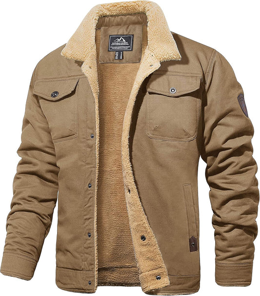 MAGCOMSEN Men's Winter Jacket Military Style Trucker Jacket Cargo Fabric Warm Fleece Lined Coat Windbreaker Sherpa Thermal Collar Combat Jacket